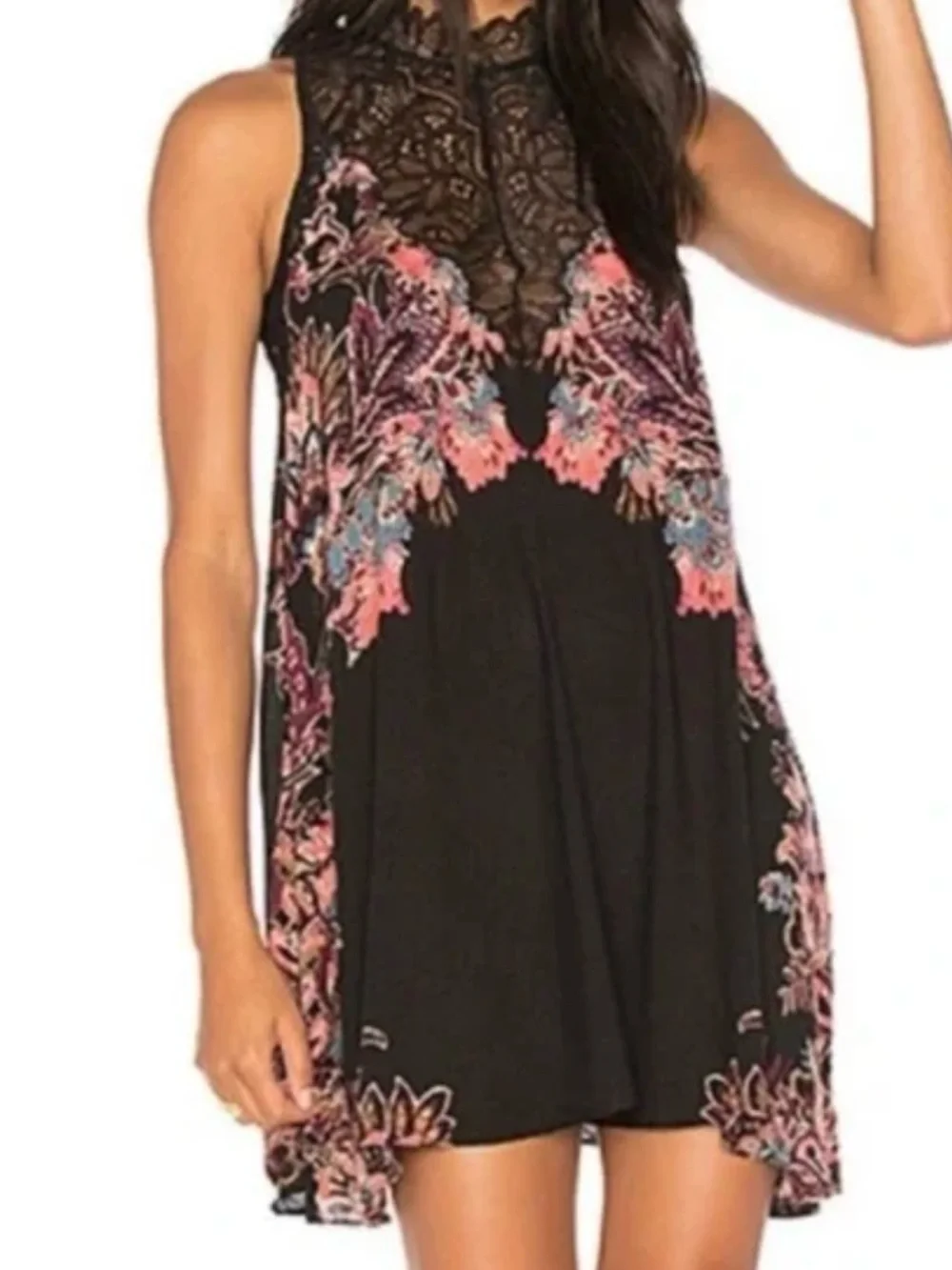 Free People Black Lace-Trim Floral Slip Dress with Pink and Blue Embroidery